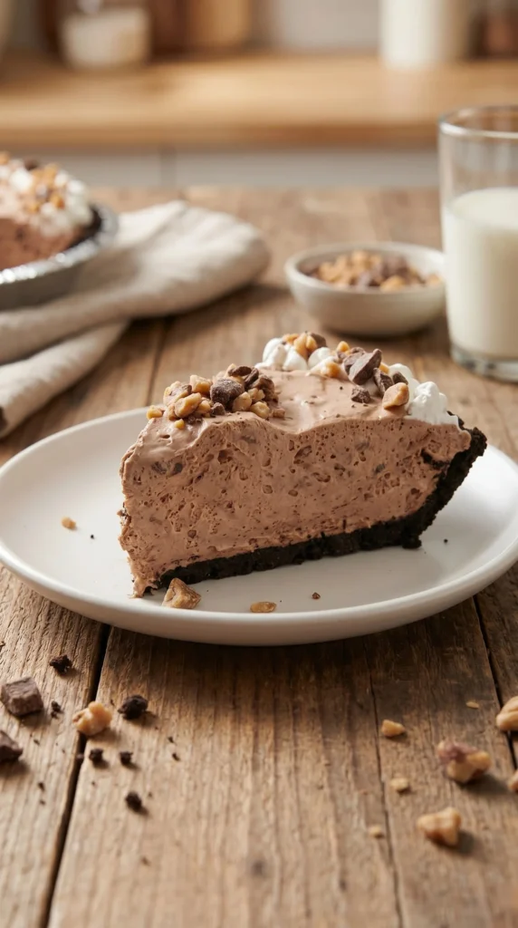 Chocolate Heath Pie topped with whipped cream and toffee bits.