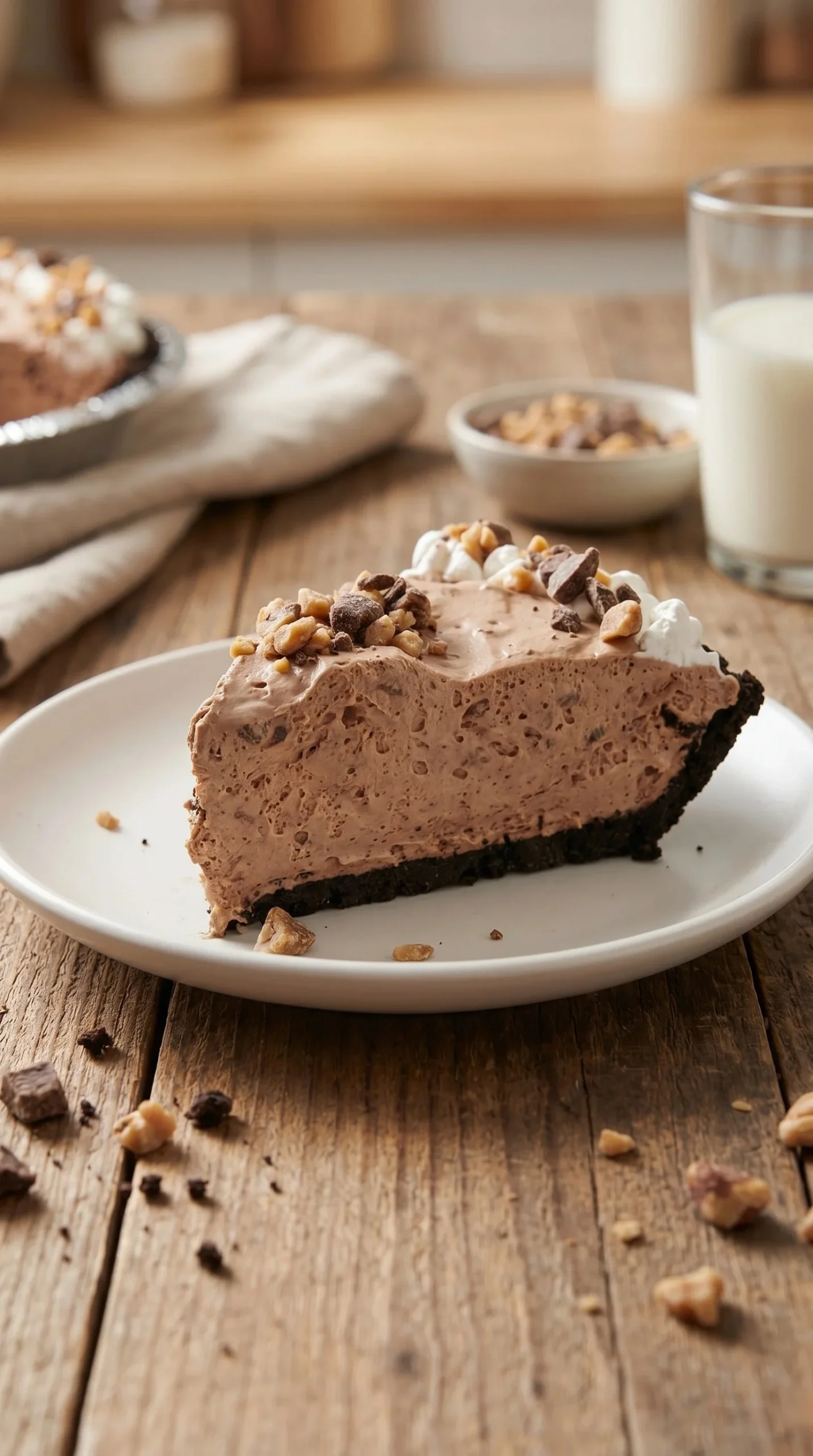 Chocolate Heath Pie topped with whipped cream and toffee bits.
