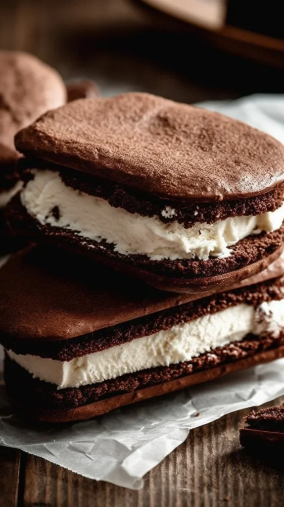 Delicious homemade chocolate ice cream sandwiches with rich chocolate cookies