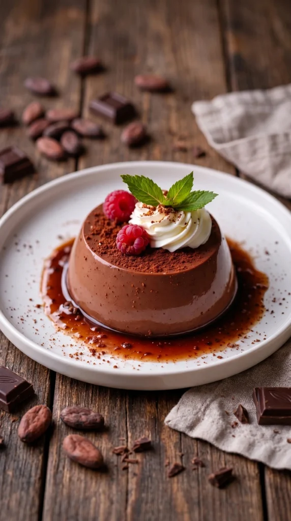 Delicious homemade Chocolate Panna Cotta served with a chocolate sauce