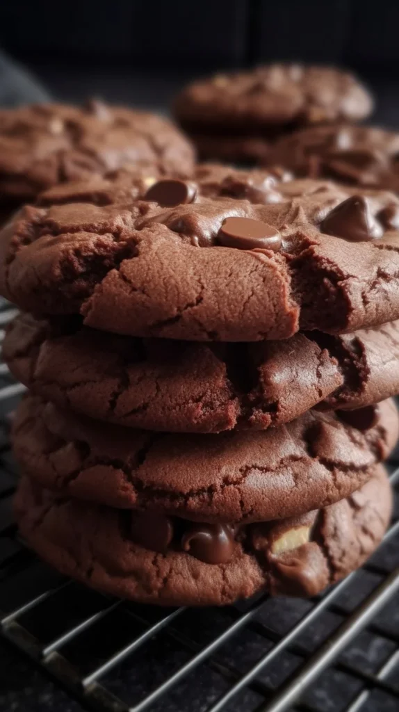 Delicious homemade chocolate peanut butter cookies on a rustic wooden table.