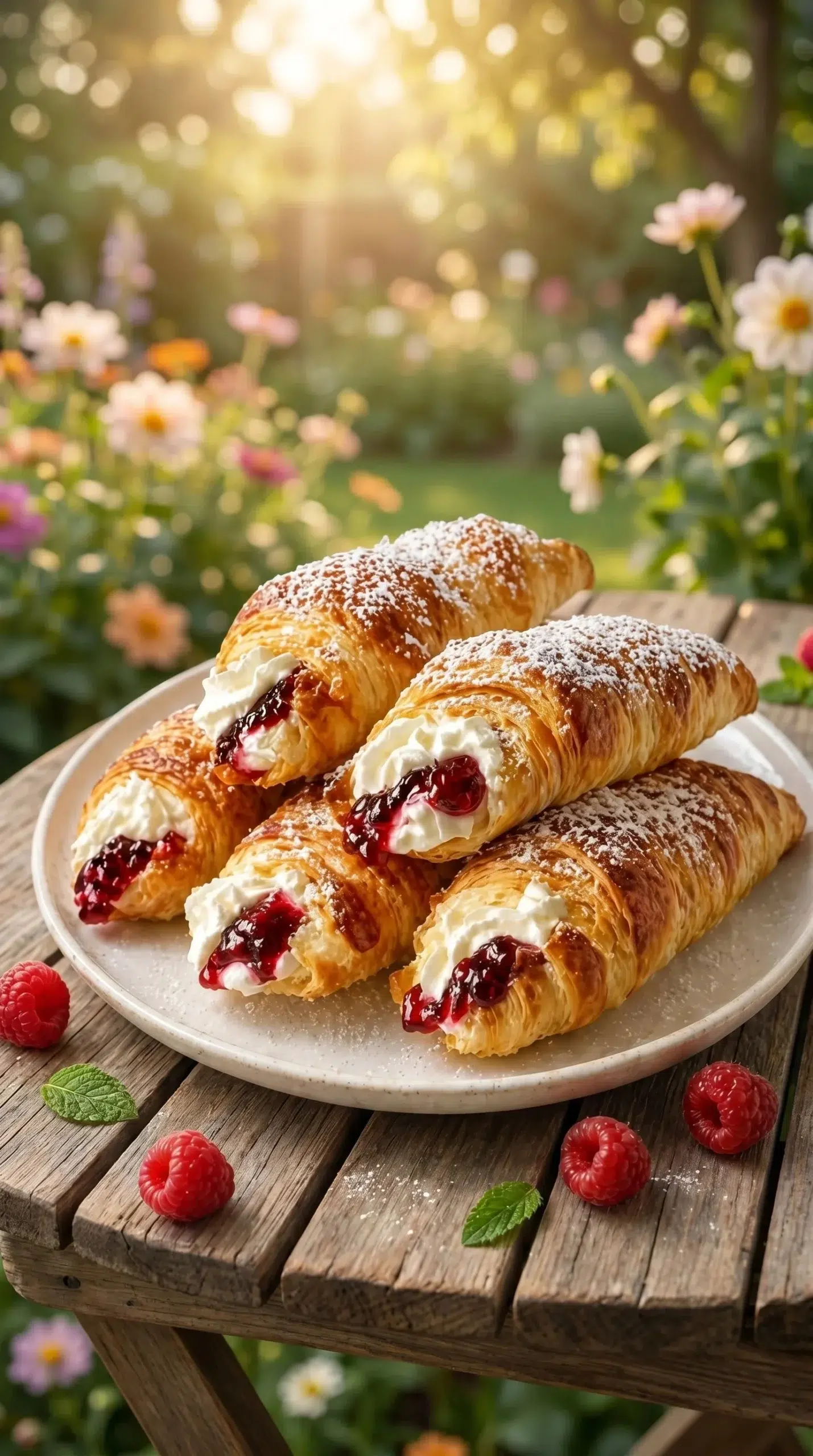 Delicious Chocolate Raspberry Cream Horns dessert with chocolate drizzle and fresh raspberries