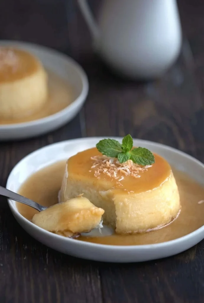 Delicious Coconut Keto Flan topped with coconut flakes.