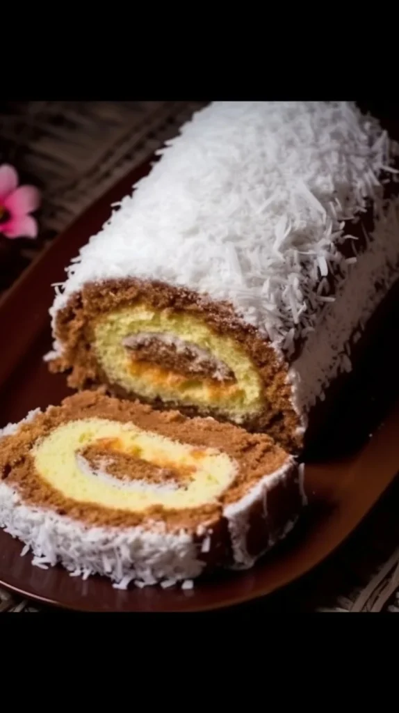 Slice of moist Coconut Punch Tunnel Cake with frosting and coconut flakes.