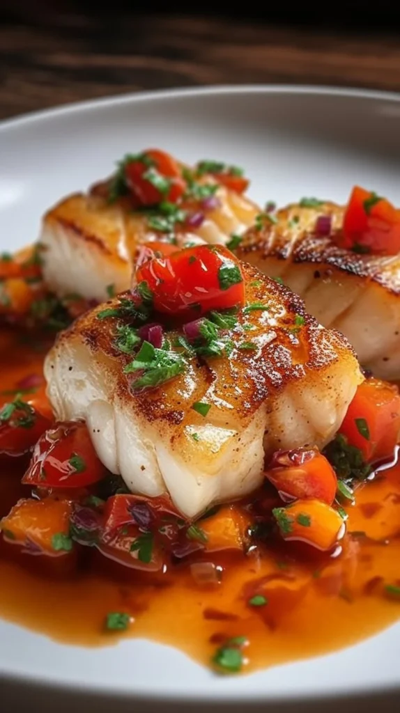 A delicious serving of cod with red pepper sauce and shrimp on a white plate.