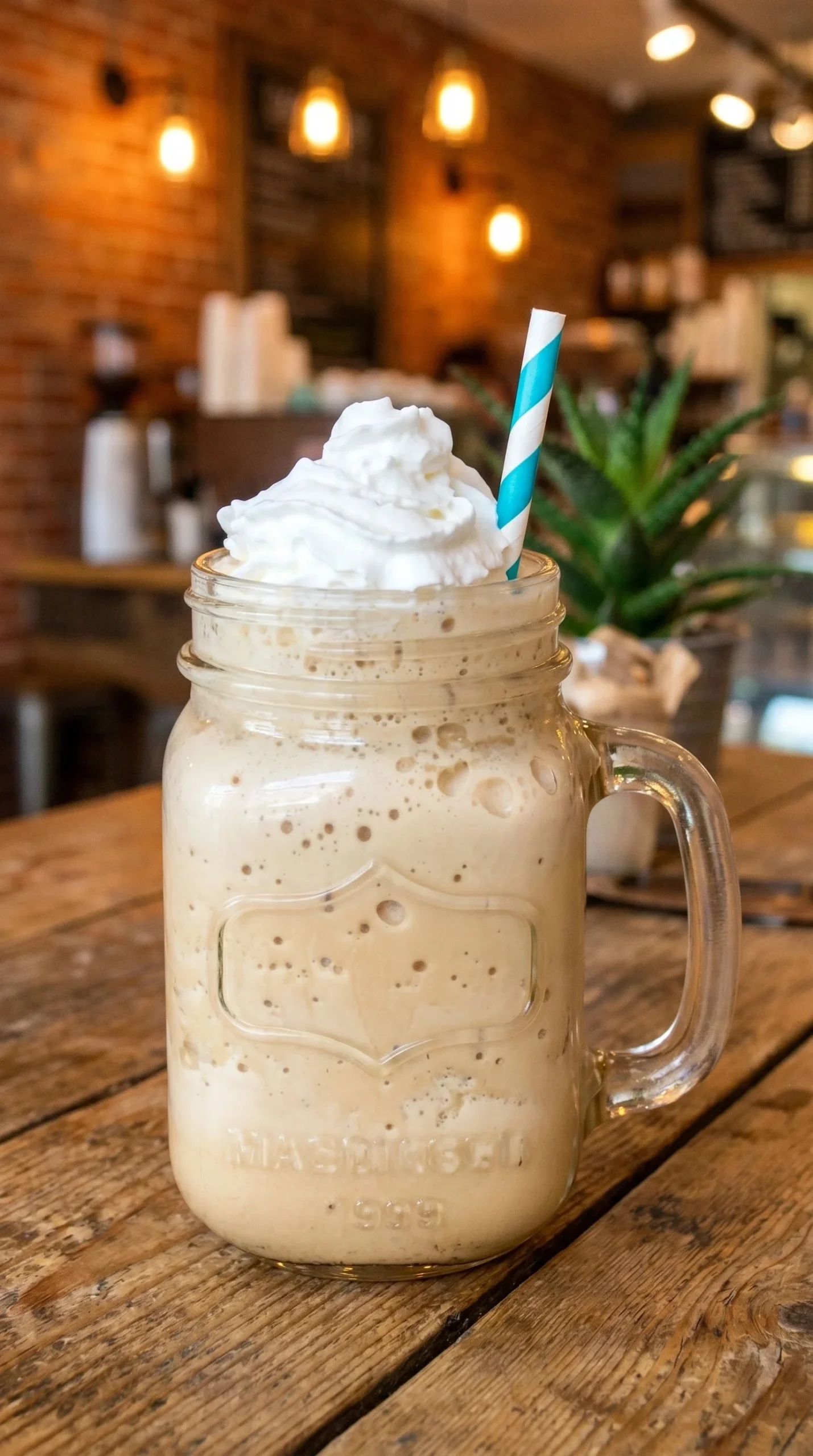 Delicious coffee slush in a glass, topped with whipped cream and coffee beans.