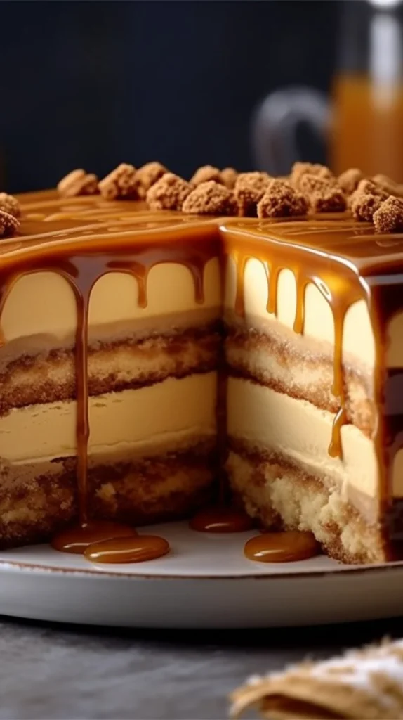 Delicious Cookies and Cream Cold Cake topped with caramel pastry