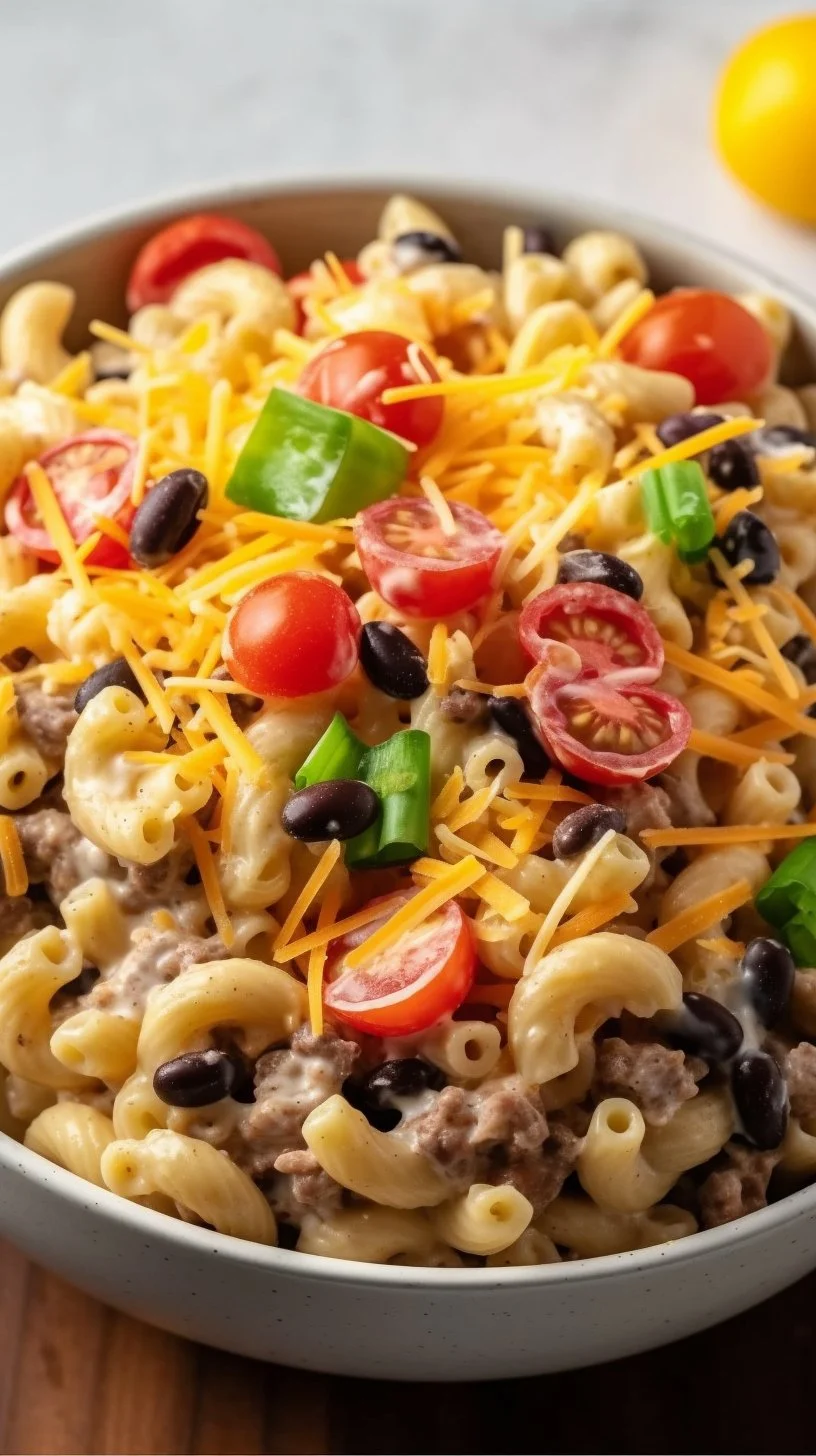 Bowl of delicious Cowboy Pasta Salad with colorful vegetables and pasta