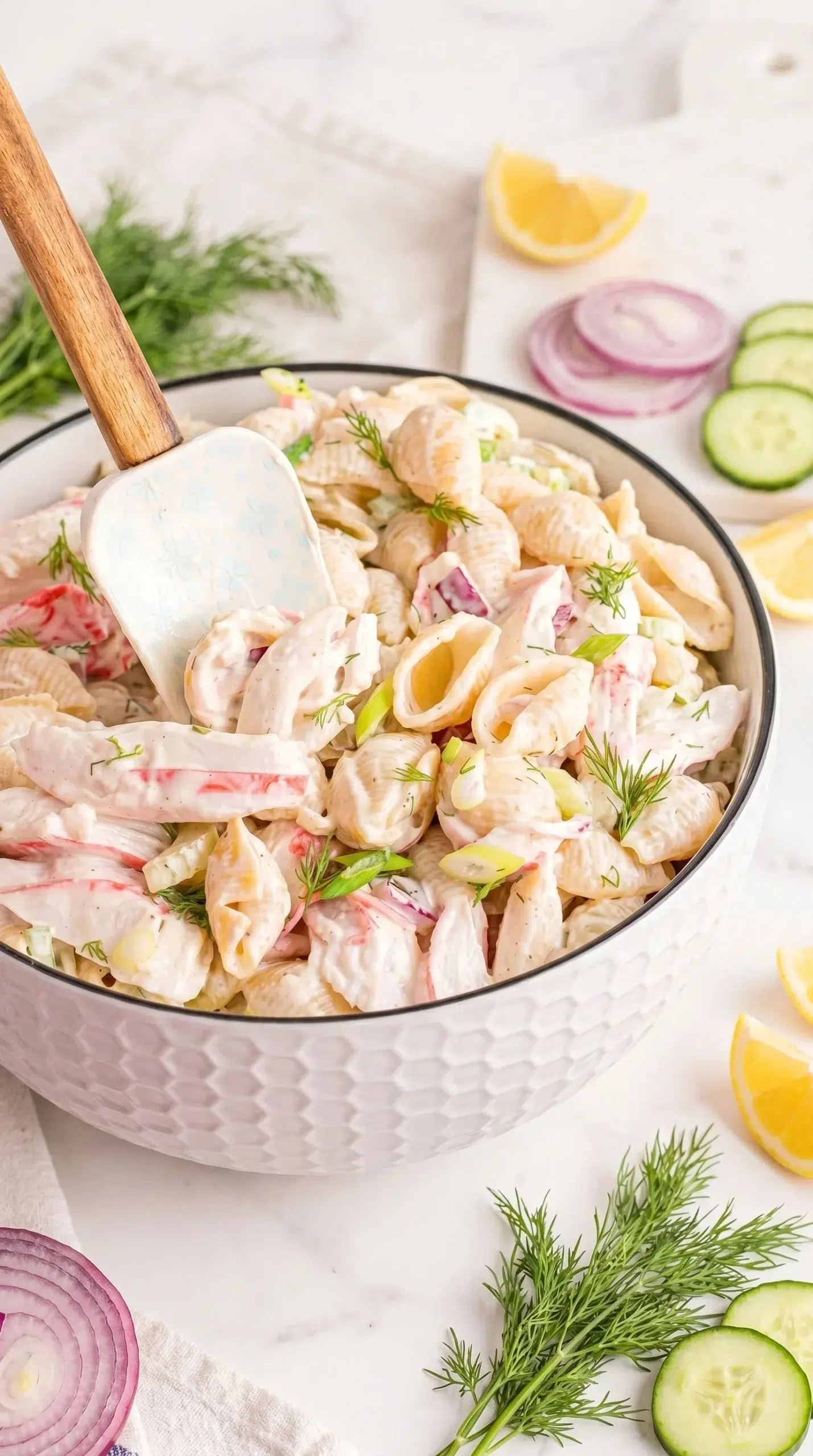 Delicious crab pasta salad with fresh ingredients in a bowl