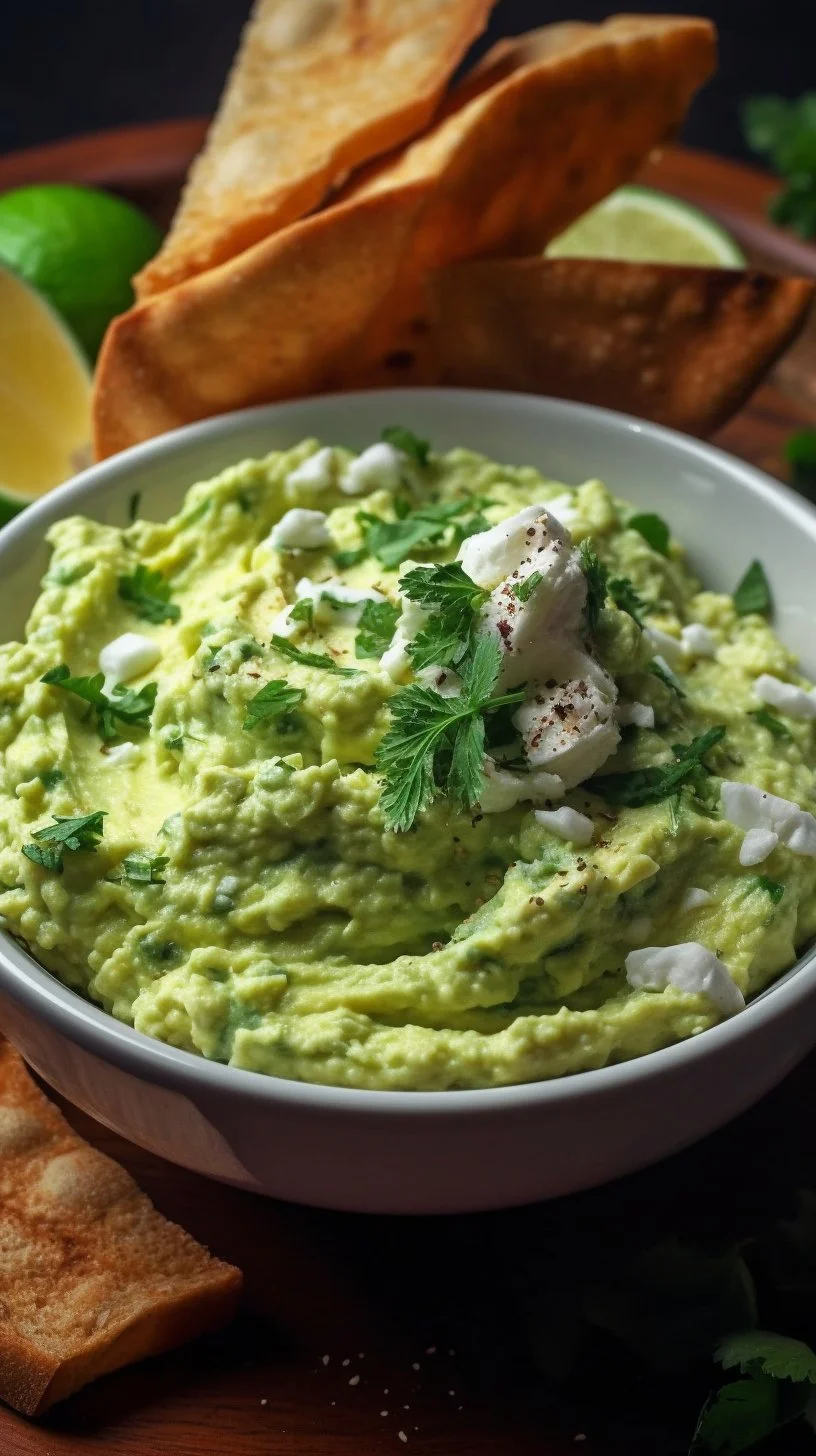 Bowl of creamy avocado feta dip garnished with herbs