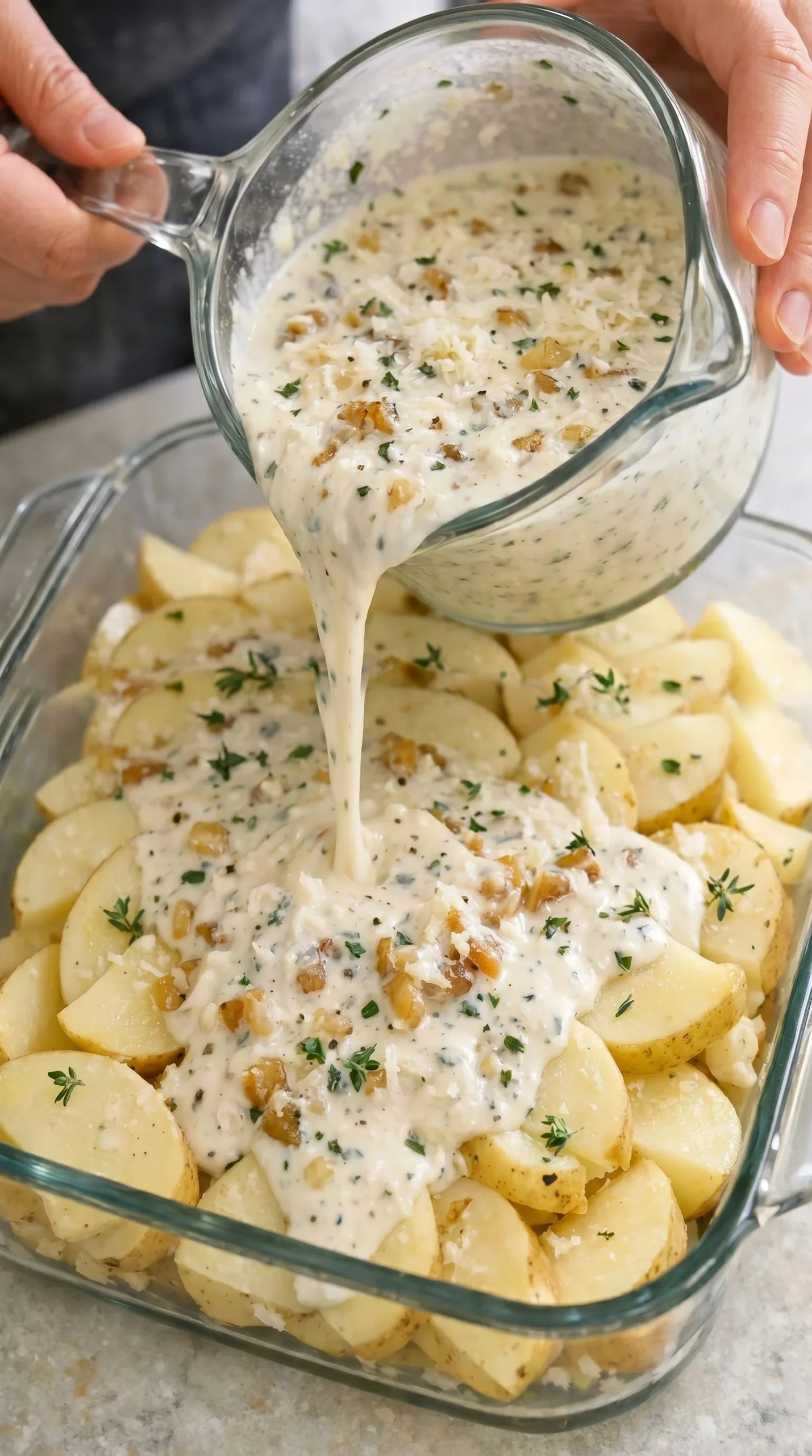 Delicious creamy cheesy oven-baked potatoes garnished and ready to serve.