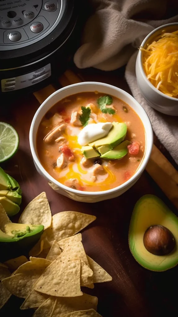 Bowl of creamy chicken taco soup garnished with cilantro and lime wedges