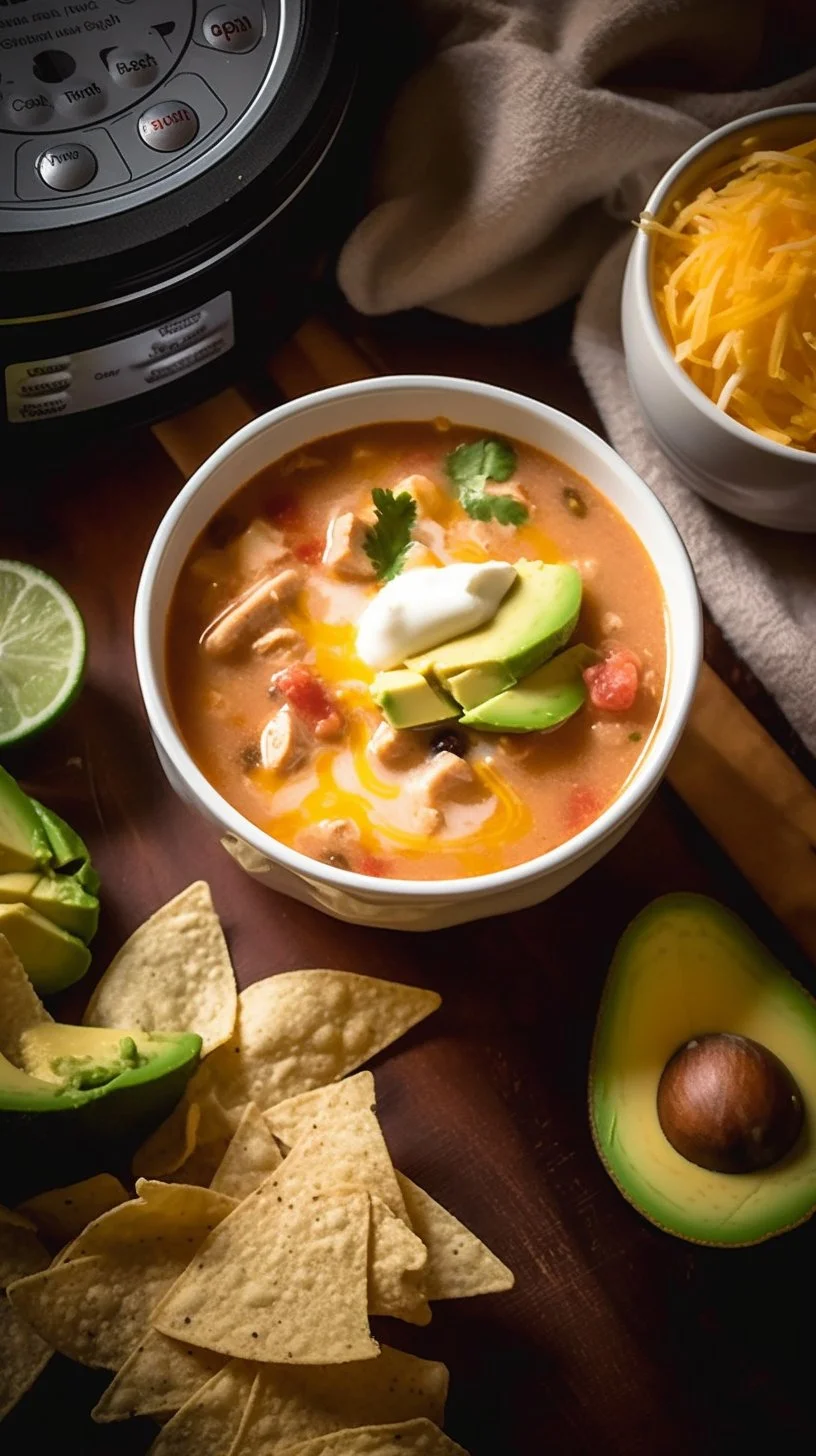 Bowl of creamy chicken taco soup garnished with cilantro and lime wedges
