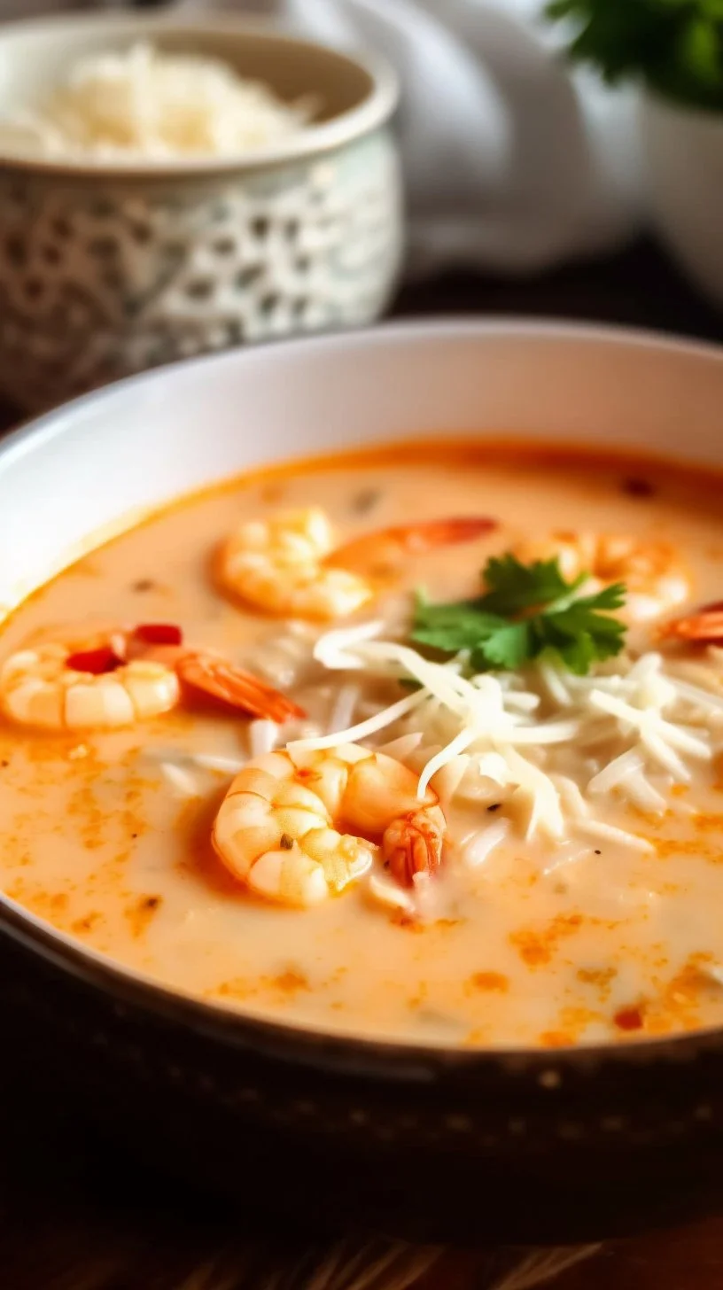 Bowl of creamy coconut shrimp soup garnished with herbs and spices