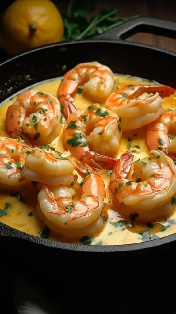 Creamy garlic butter shrimp in a skillet garnished with herbs