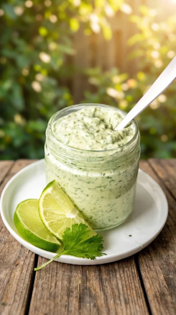 Creamy garlic lime cilantro sauce in a bowl, garnished with fresh cilantro.