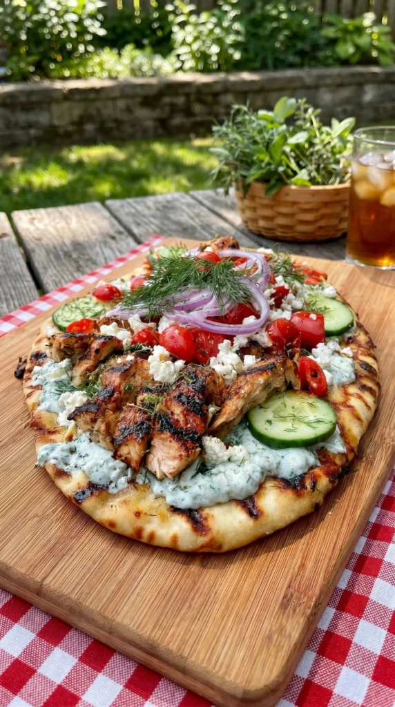 Creamy Greek Chicken Flatbread topped with tzatziki sauce and fresh vegetables