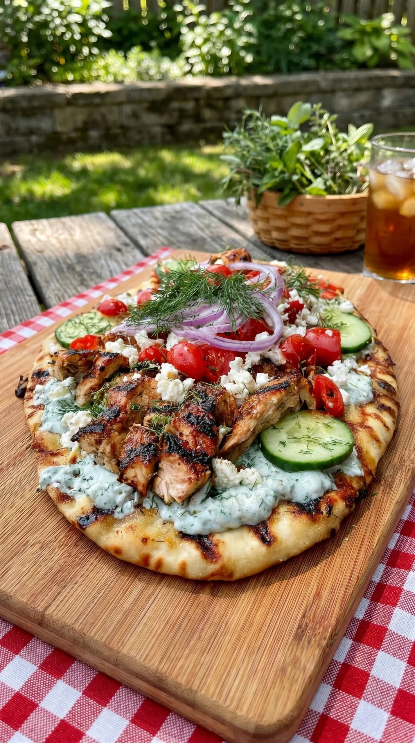 Creamy Greek Chicken Flatbread topped with tzatziki sauce and fresh vegetables