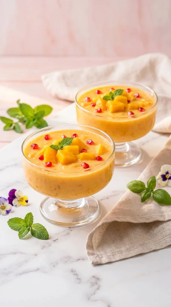 Delicious creamy mango fruit custard in a glass bowl topped with fresh mango pieces