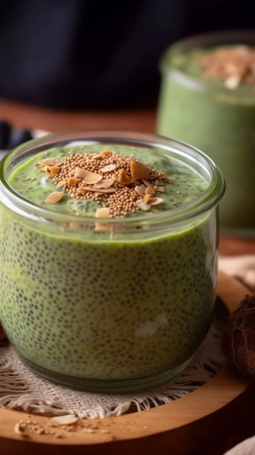 Bowl of creamy matcha chia pudding topped with fresh fruits and nuts