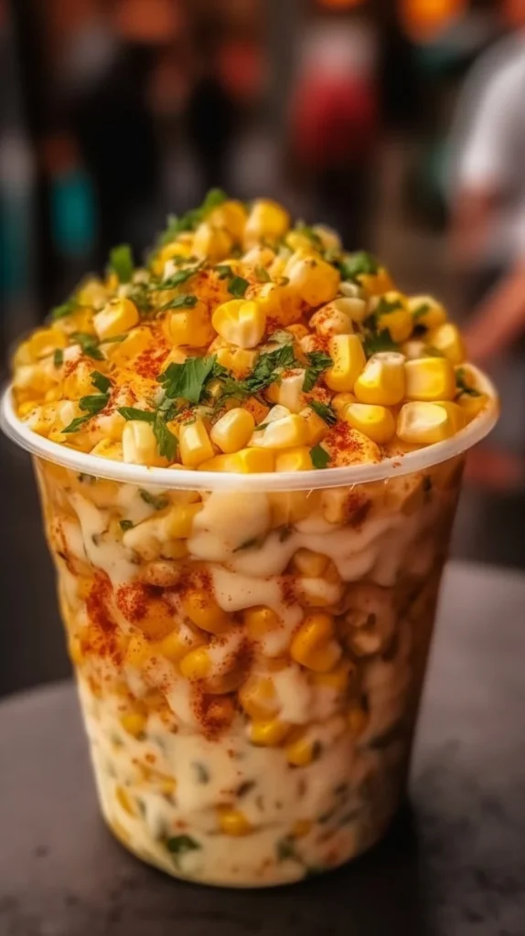 Creamy Mexican street corn cup served in a vibrant dish with toppings