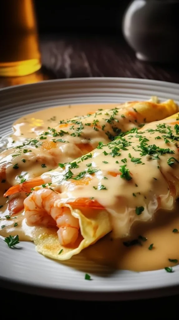 Creamy seafood stuffed crepes filled with shrimp and crab