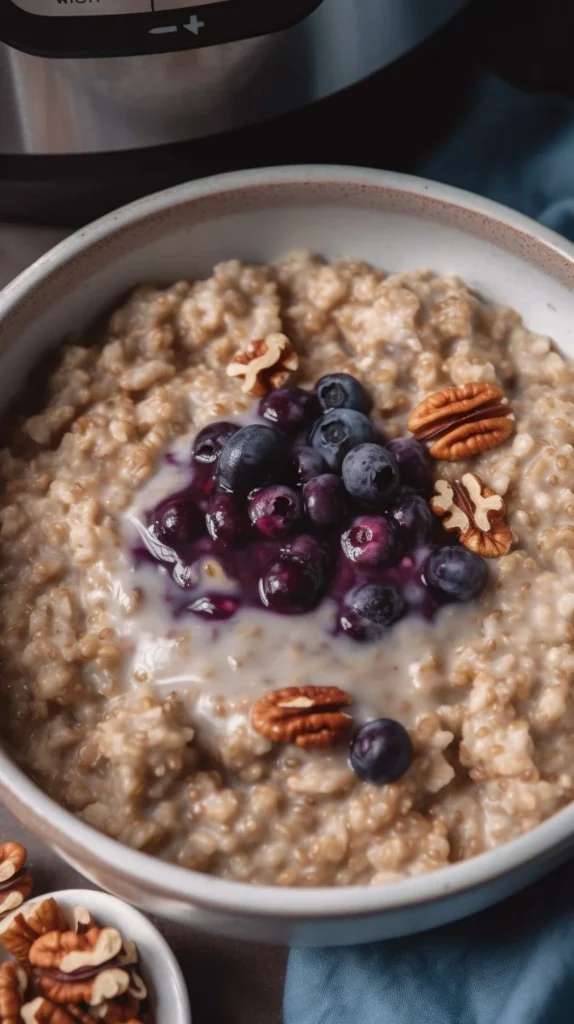 Bowl of creamy steel-cut oats topped with fresh fruits and nuts