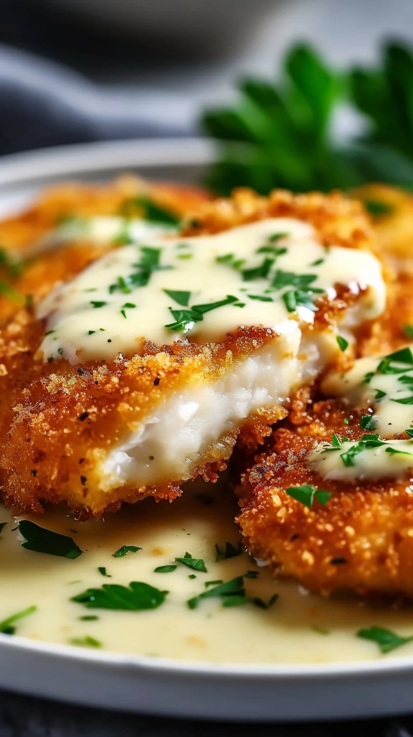 Plate of crispy chicken romano garnished with herbs and lemon.