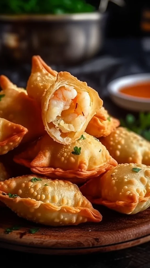 Crispy shrimp cheese stuffed bites on a plate, garnished and ready to serve.