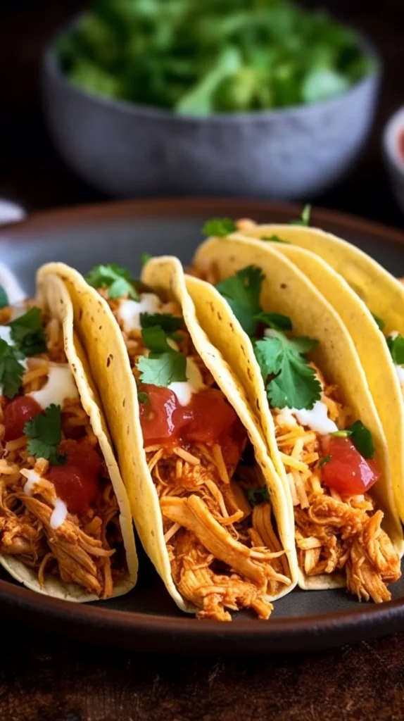 Crock Pot chicken tacos with Mexican-style rice served on a plate
