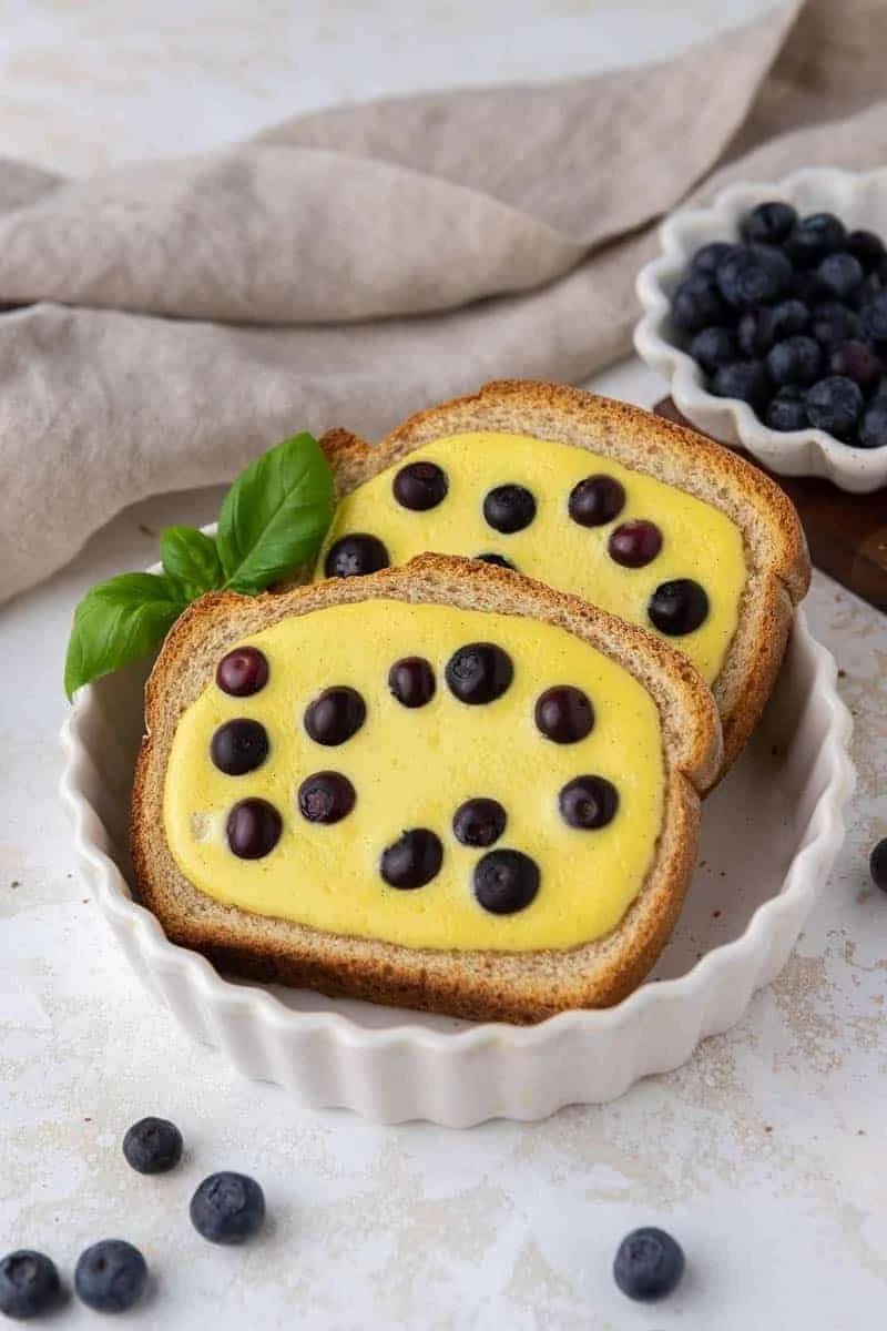 Sliced custard toast topped with fresh fruits and powdered sugar