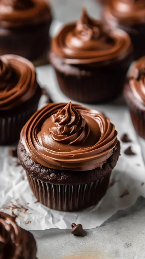 Death by Chocolate Cupcakes topped with rich chocolate frosting