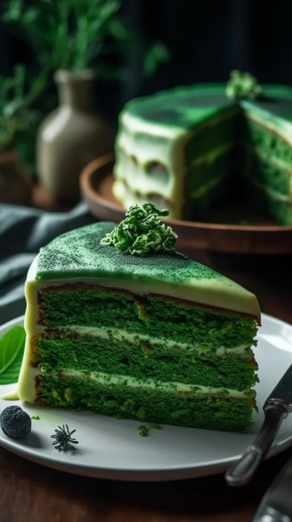 A slice of delicious Green Velvet Cake topped with cream cheese frosting.