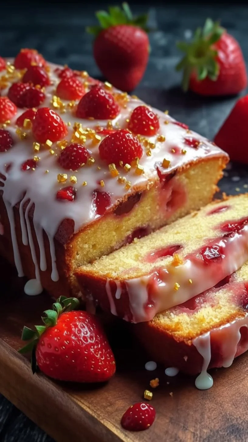 Slice of strawberry banana bread with creamy strawberry icing on top