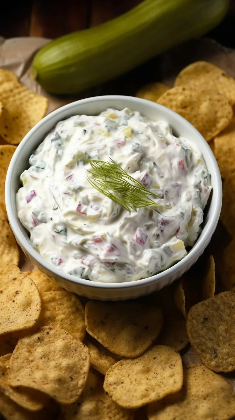 Delicious Dill Pickle Dip served in a bowl with crackers