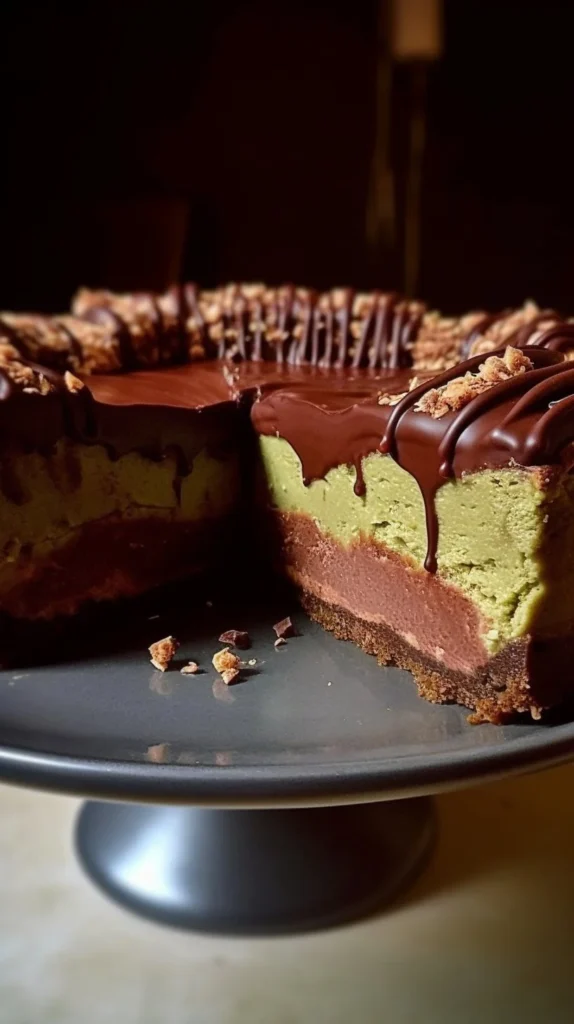 Delicious Dubai Chocolate Cheesecake garnished with chocolate drizzle