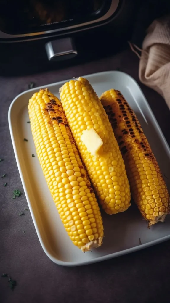 Finished air fryer corn on the cob garnished and ready to serve