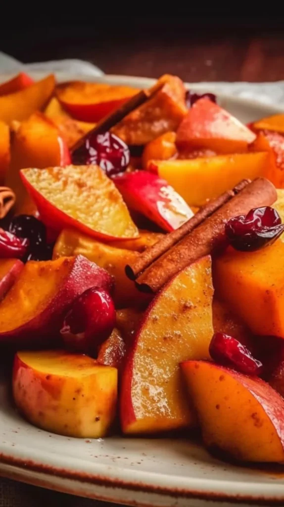 Easy roasted sweet potatoes mixed with apples and cranberries in a bowl.