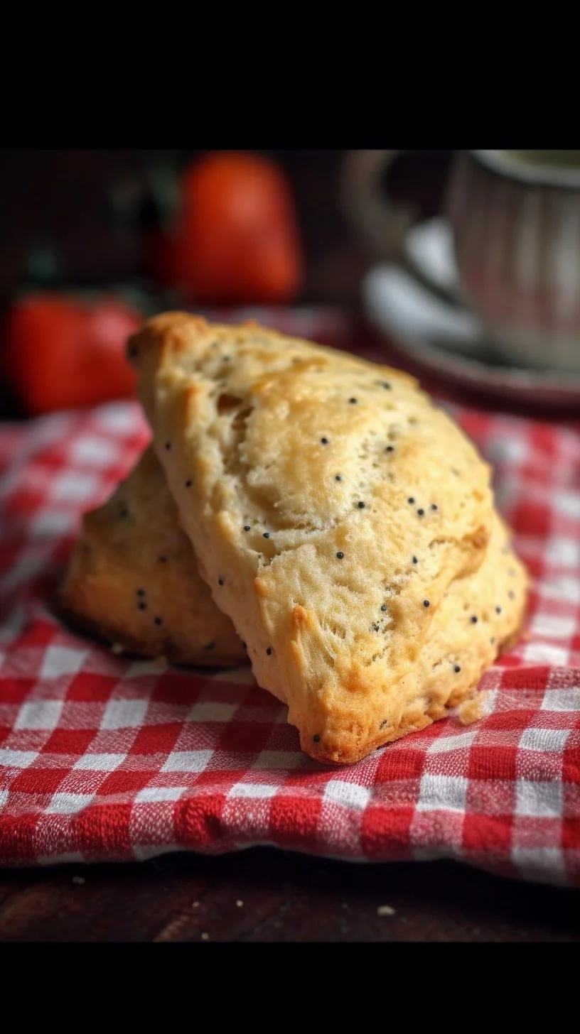 Flaky lemon poppyseed scones on a rustic wooden table