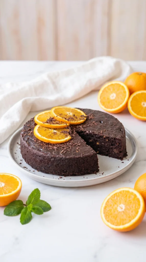 Flourless dark chocolate orange cake with a glossy finish and orange zest garnish