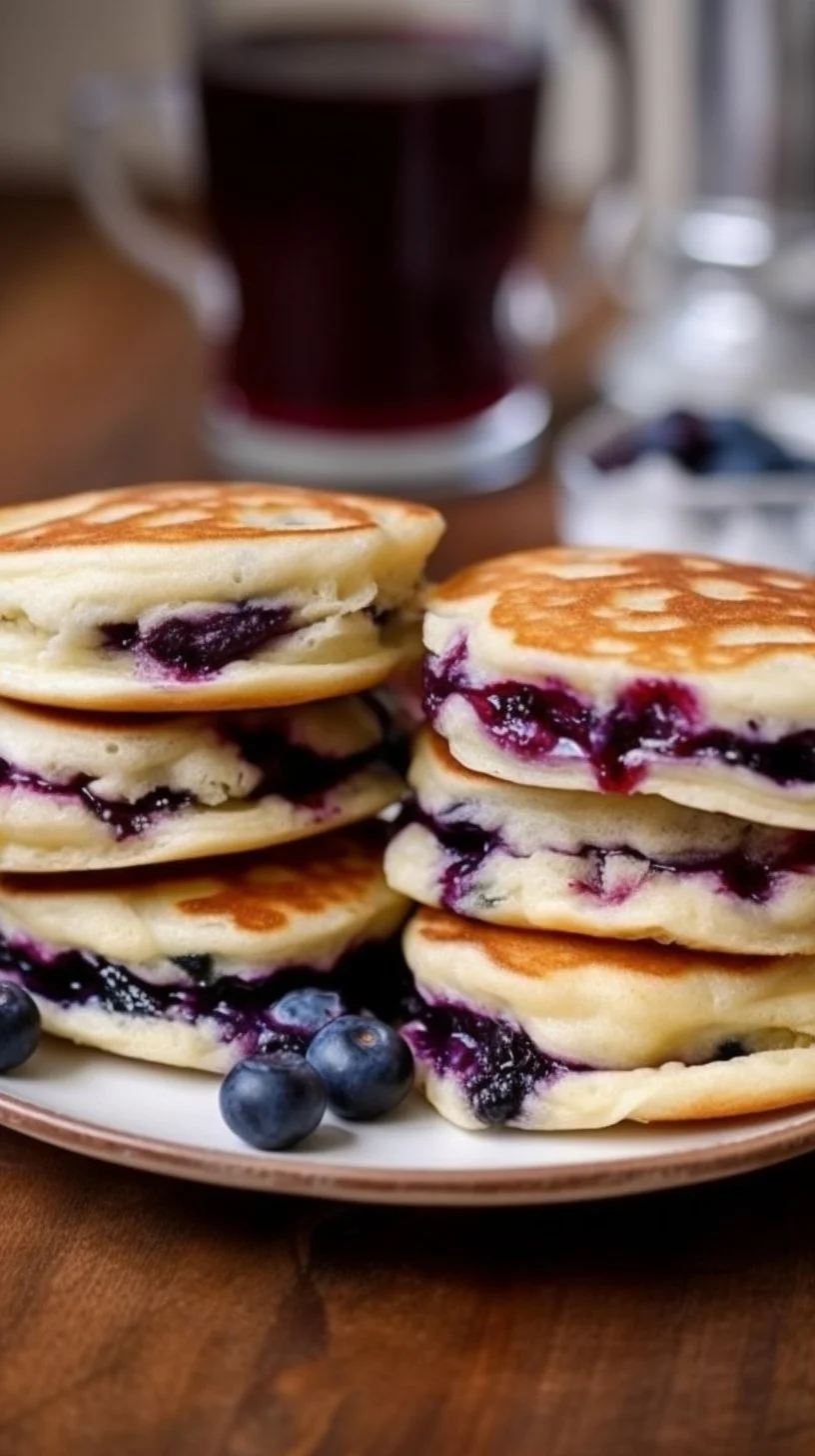 Fluffy blueberry pancake sandwiches stacked with fresh blueberries and syrup