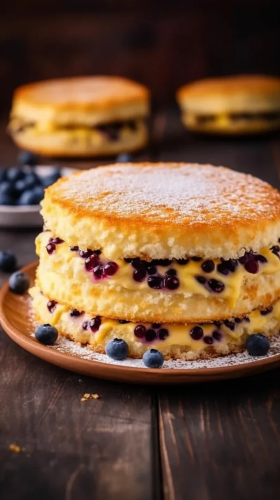 Delicious fluffy blueberry pancake sandwiches stacked with fresh blueberries