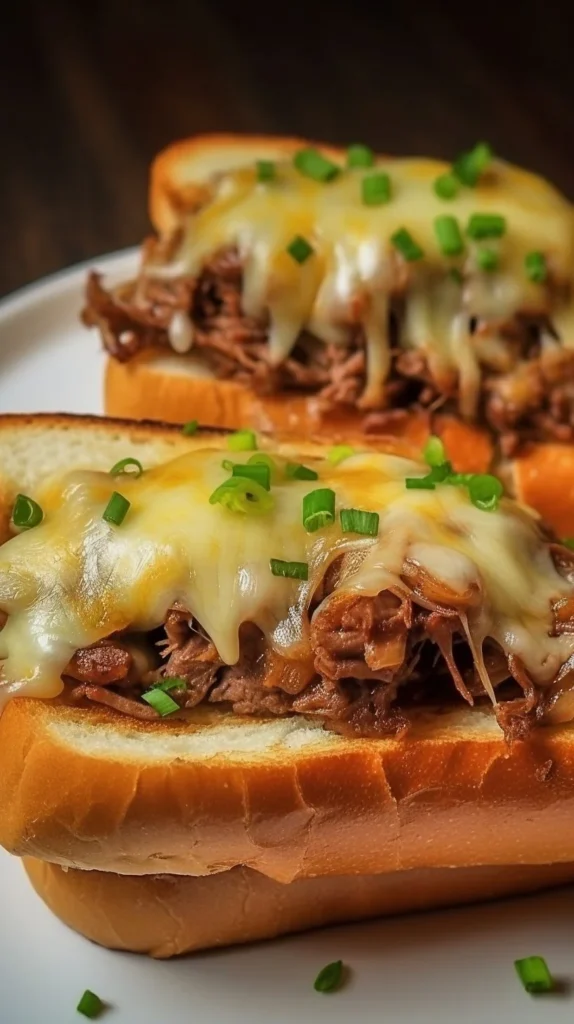 French Garlic Philly Cheesesteak Loaf with melted cheese and garlic