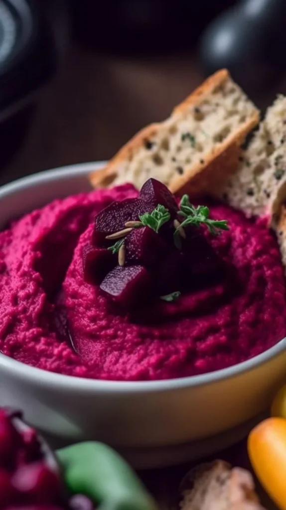 Bowl of fresh beet hummus with colorful garnishes