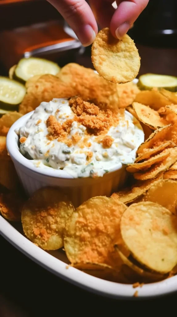 Delicious fried pickle dip served in a bowl, perfect for dipping.