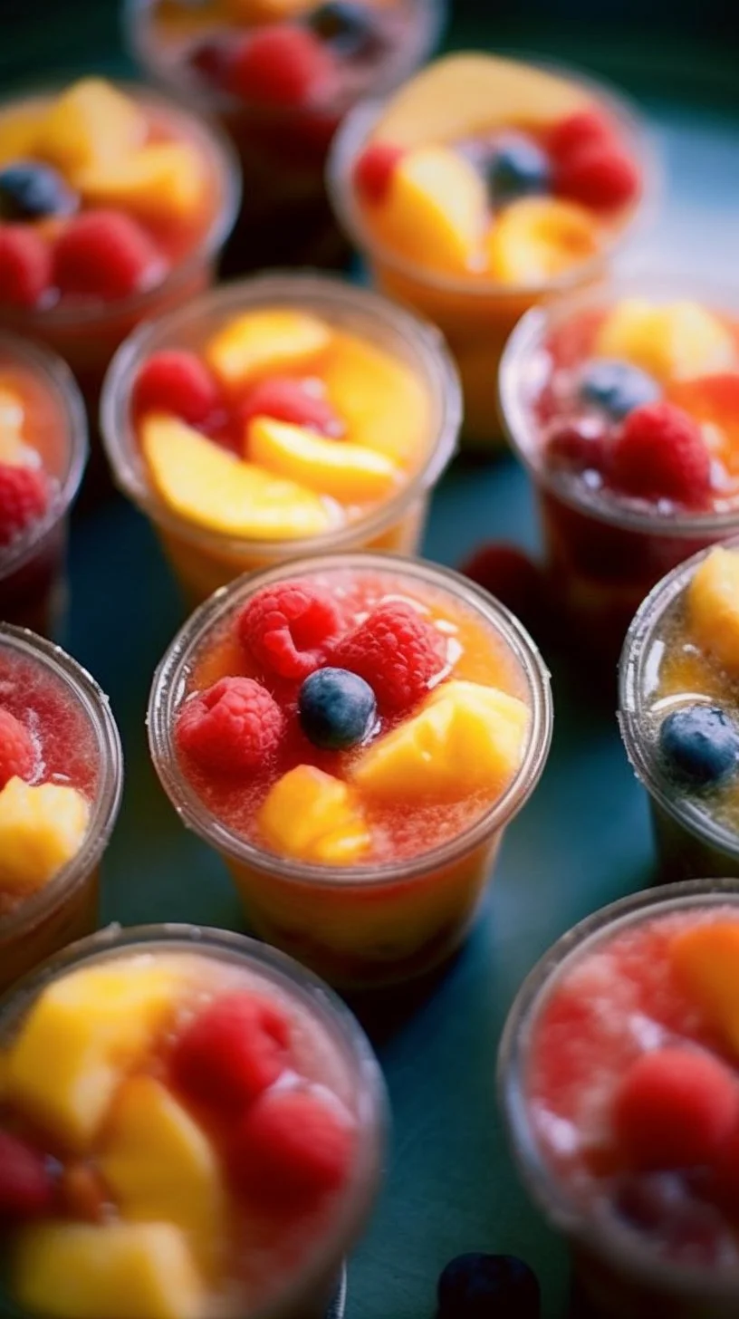 Colorful frozen fruit cups filled with various fruits for a refreshing snack