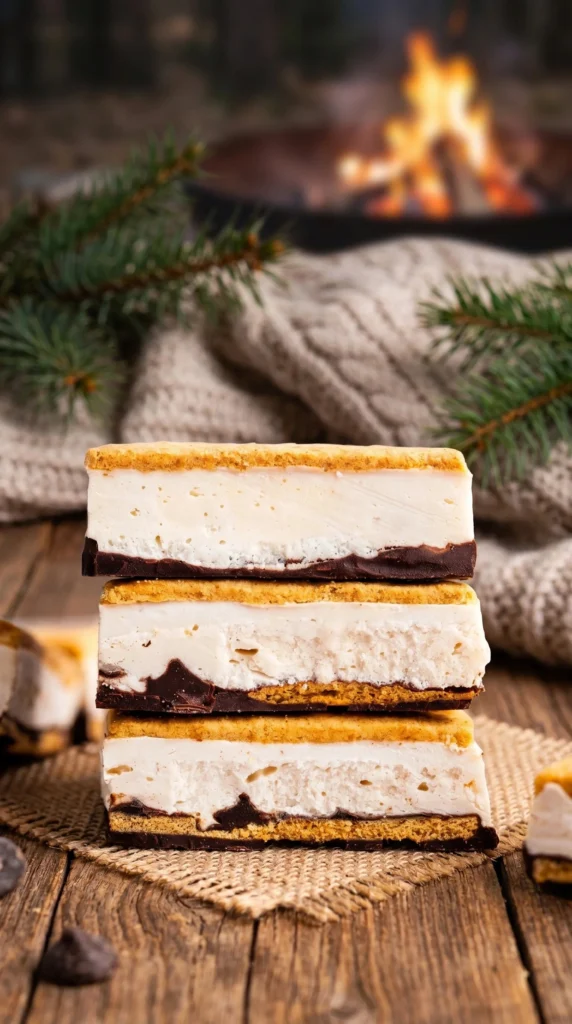 Delicious frozen s'mores dessert with chocolate, marshmallows, and graham crackers