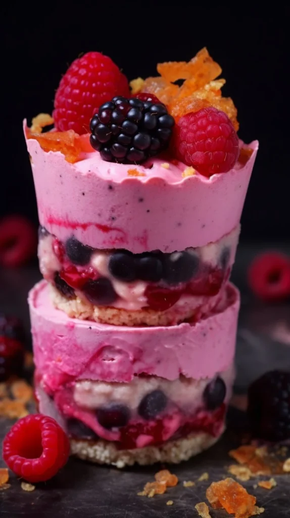 Colorful frozen yogurt cups topped with fresh fruits and sprinkles