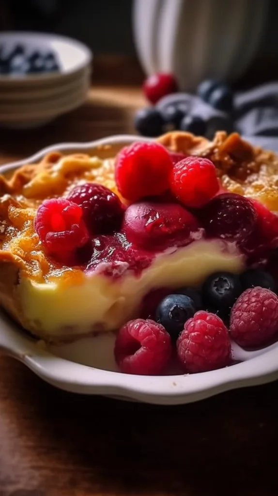 Delicious homemade Fruit Gratin topped with creamy custard and fresh fruits