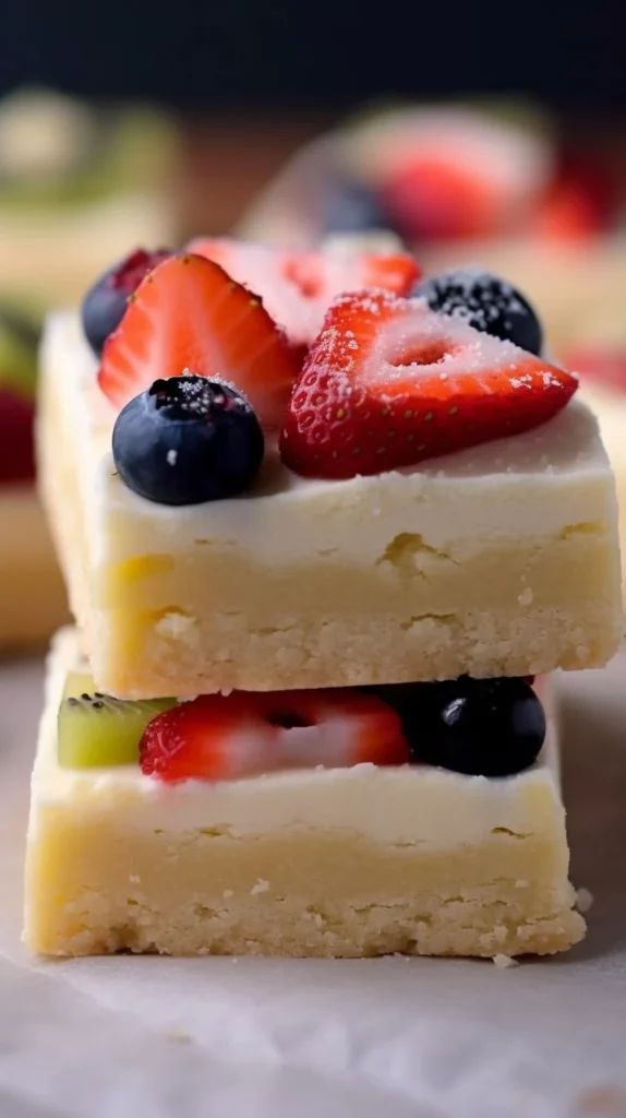 Colorful fruit pizza sugar cookie bars topped with fresh fruits